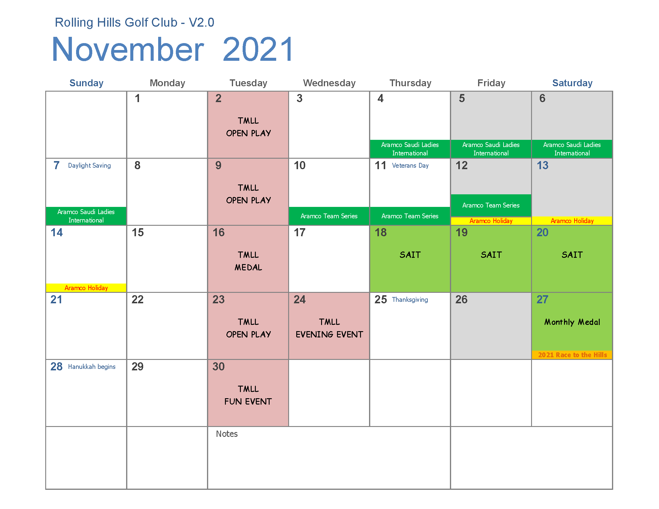 Tournament Calendar RHGC